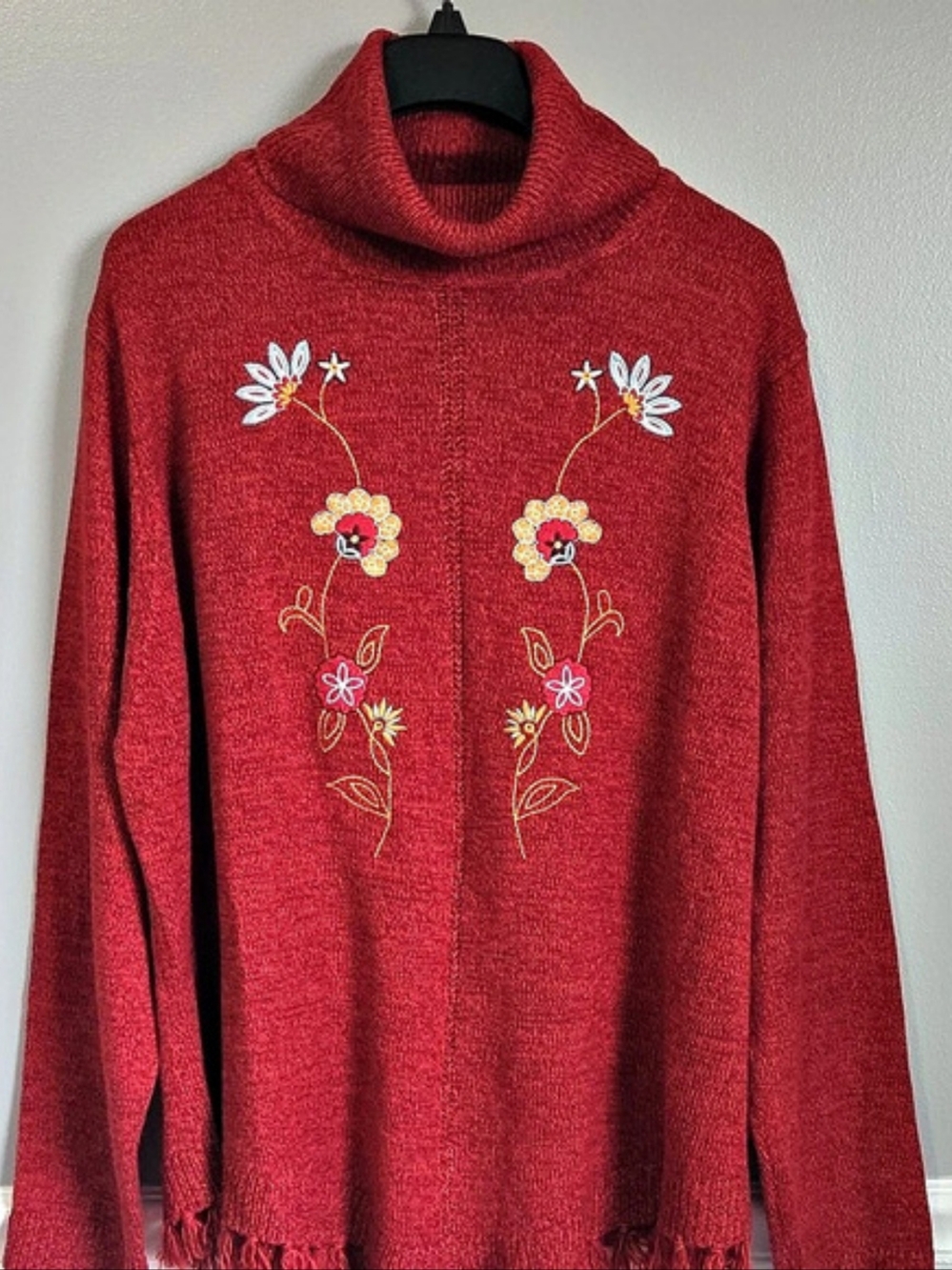 DenimMoves Embroidered Cowl Neck Soft Sweater Bright Red Tassel Fringe 2XL